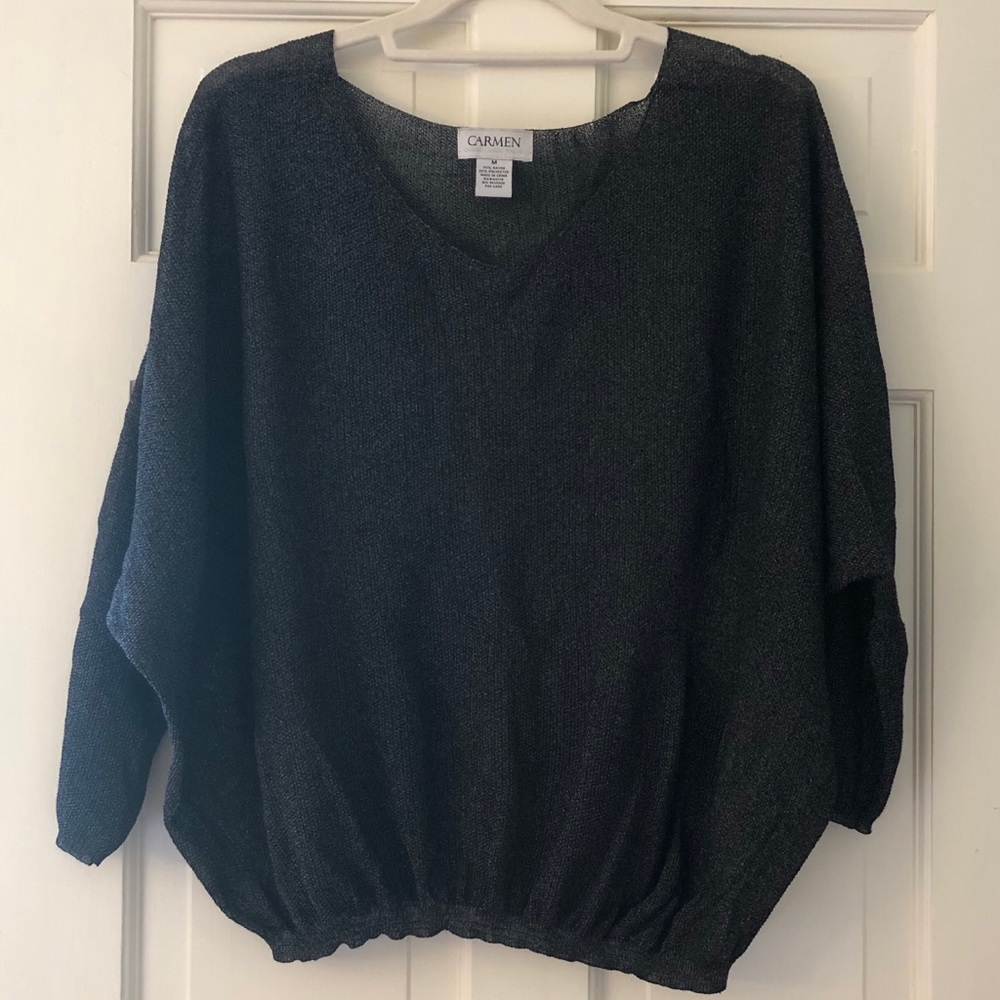 Carmen Marc Valvo Grey-Black Dolman Sleeve Top